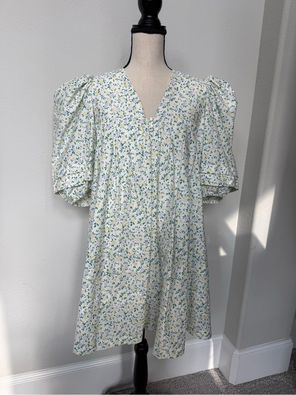 Mable White Trapeze Mini Dress with Blue & Yellow Floral Print
